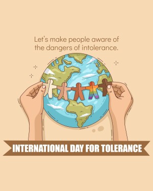Illustration of hands holding diverse paper people around a globe with the text 'International Day for Tolerance'.