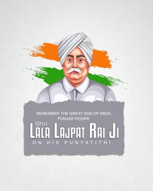Portrait of Lala Lajpat Rai with Indian flag colors and a commemorative message.
