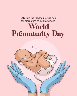 Illustration of a premature baby in protective hands with the text 'World Prematurity Day'