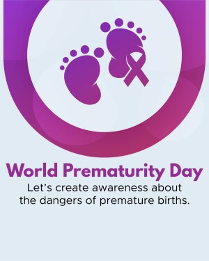 World Prematurity Day graphic with baby footprints and a purple ribbon.