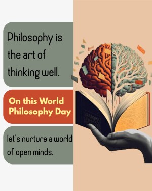 Image depicting a brain split between a book and a human hand, with text celebrating World Philosophy Day.