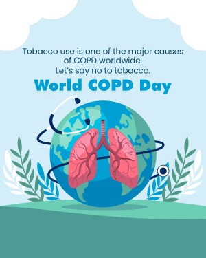 Illustration depicting the Earth with lungs inside, promoting World COPD Day and anti-tobacco message.
