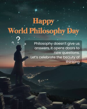 Image celebrating World Philosophy Day with a man looking at a question mark and a starry sky.