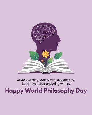 Illustration of a head silhouette filled with a brain, growing a flower from an open book, with text celebrating World Philosophy Day.