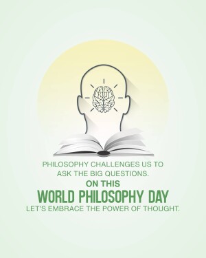 Illustration of a head with a brain inside, over an open book, with text celebrating World Philosophy Day.