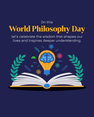 Illustration for World Philosophy Day featuring a brain-shaped lightbulb, open book, and laurel wreath.