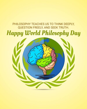 Illustration for World Philosophy Day featuring a brain-shaped globe within a laurel wreath.