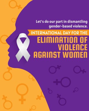 Image promoting awareness for the International Day for the Elimination of Violence Against Women with a silhouette of a woman's face and gender symbols.