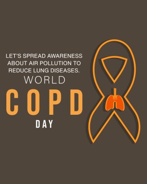 Image promoting awareness about air pollution and COPD Day with an orange ribbon and lungs illustration.
