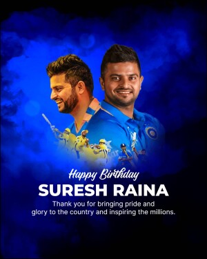 Birthday tribute to Indian cricketer Suresh Raina with a blue and black background.