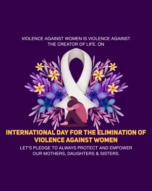 White ribbon with flowers and a silhouette of a woman in distress, promoting awareness against violence against women.