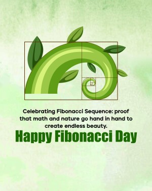 Illustration of a green sprout growing in a Fibonacci sequence spiral with text celebrating Fibonacci Day.