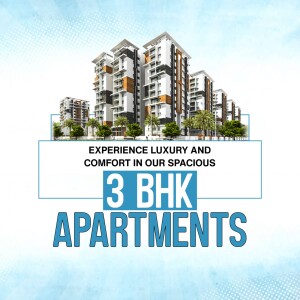 Modern apartment building with a promotional banner for 3 BHK apartments