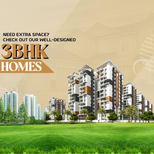 Modern 3BHK apartment building with green landscape