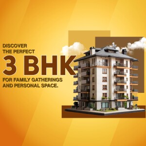 Modern 3 BHK apartment building with a bright orange and cloudy background