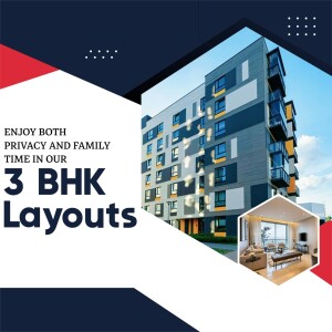 Modern 3 BHK apartment building with interior view