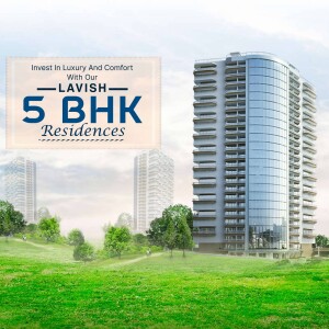 Modern high-rise building with lush green surroundings advertising 5 BHK residences.