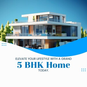 Modern 5 bedroom house with a blue gradient background and promotional text.