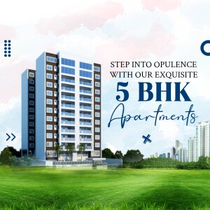 Modern 5 BHK apartment building with lush green surroundings