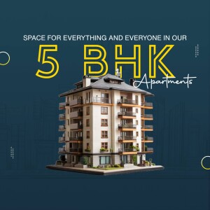 Image of a modern 5 BHK apartment building with a teal background and bold text.