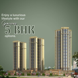 Image of modern high-rise apartment buildings advertising 5 BHK options.