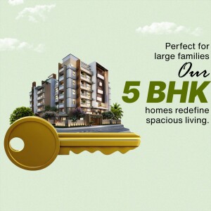 Modern apartment building with a key, advertising spacious 5 BHK homes.
