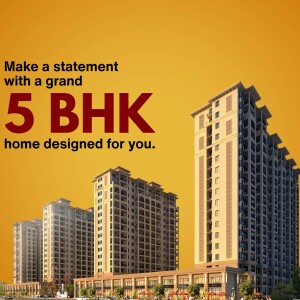 Image of a modern high-rise apartment building advertising 5 BHK homes.