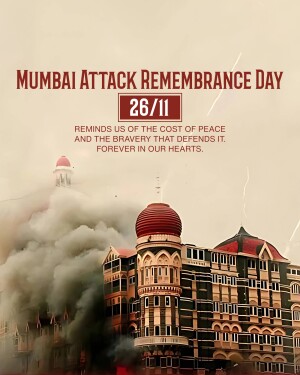 Image commemorating the 26/11 Mumbai attacks with the Taj Mahal Palace Hotel in the background.