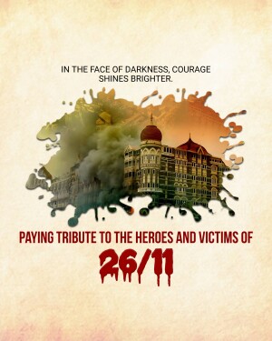 Memorial poster commemorating the 26/11 Mumbai attacks with the Taj Mahal Palace Hotel in the background.
