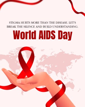 Red ribbon with a world map and hands, promoting World AIDS Day and breaking the stigma.