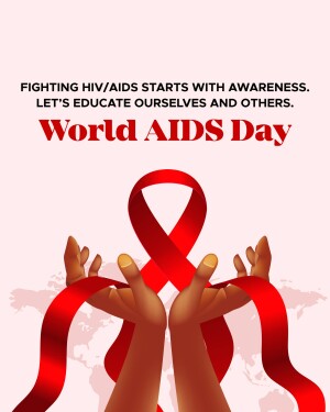 Red ribbon held in hands with World AIDS Day message