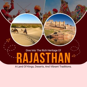 Collage of Rajasthan's cultural heritage, including forts, deserts, and traditional attire.