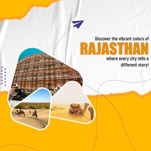 Rajasthan Tourism Poster with Hawa Mahal and Desert Scenes