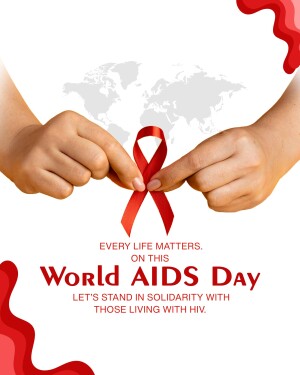 Two hands holding a red ribbon with a world map in the background for World AIDS Day.