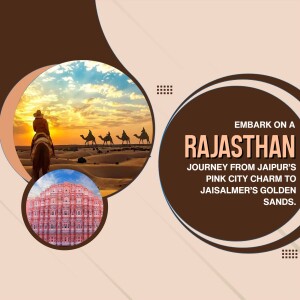 Travel poster featuring a camel safari in Rajasthan with images of Jaipur's Hawa Mahal.