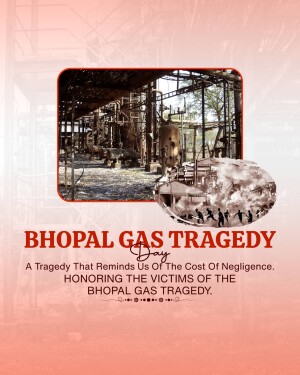 Poster commemorating the Bhopal Gas Tragedy with images of the factory and victims.