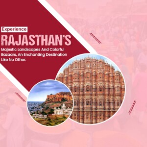 Rajasthan tourism poster featuring Hawa Mahal and Mehrangarh Fort