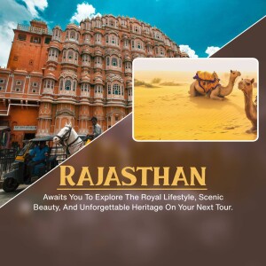 Rajasthan tourism poster featuring Hawa Mahal, camels, and a horse-drawn carriage.