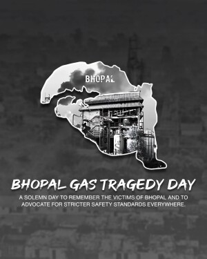 Image commemorating the Bhopal Gas Tragedy with a silhouette of the factory and the Bhopal map.