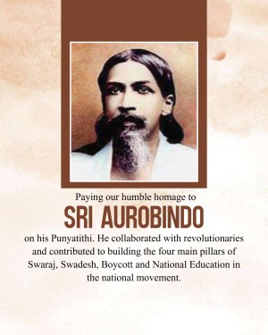 Portrait of Sri Aurobindo with text honoring his Punyathithi