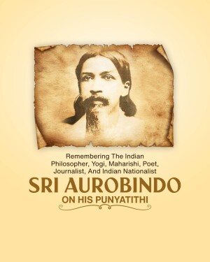 Portrait of Sri Aurobindo with text commemorating his Punyatithi