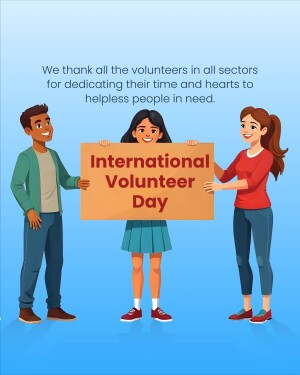 Illustration of three diverse volunteers holding a sign for International Volunteer Day.