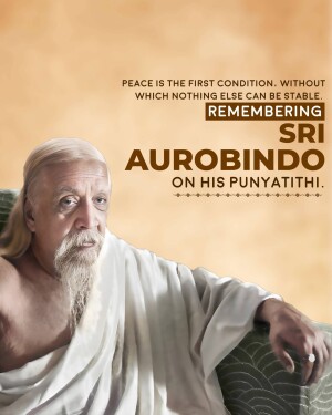 Portrait of Sri Aurobindo with a quote about peace