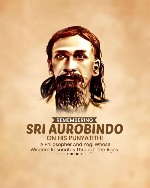 Portrait of Sri Aurobindo with text commemorating his Punyatithi