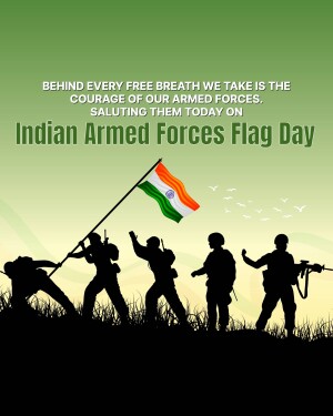 Silhouette of soldiers raising the Indian flag with a patriotic message.