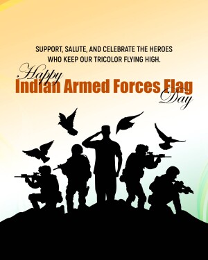 Silhouette of soldiers saluting and holding weapons against a gradient background with text 'Happy Indian Armed Forces Flag Day'
