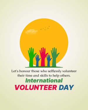 Image promoting International Volunteer Day with hands reaching towards a sun and text.