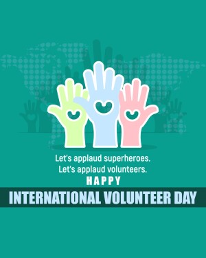 Illustration of hands in various colors forming a clapping gesture with text celebrating International Volunteer Day.