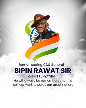 Portrait of General Bipin Rawat with Indian flag and remembrance text