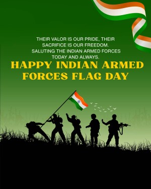 Indian Armed Forces Flag Day tribute with silhouette of soldiers and the Indian flag.